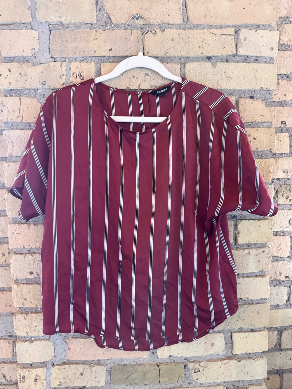Express Burgundy Vertical Stripe Short Sleeve Blouse